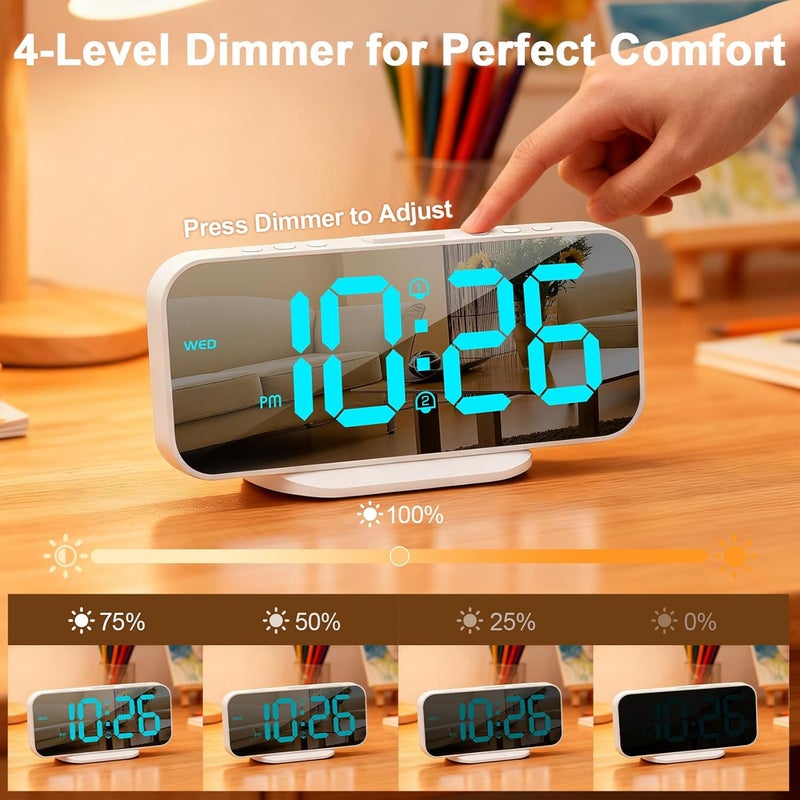 ALANAS Mirror Digital Alarm Clock, Dual Alarms with Snooze, 4-Level Dimmer, 2 USB Ports, Plug in Modern Alarm Clock for Bedrooms (Blue Digit) - Image 5